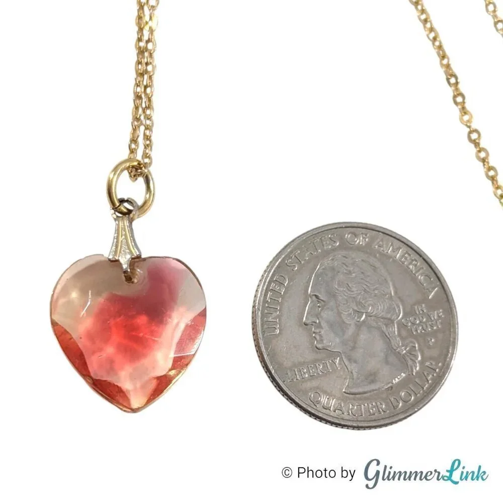 Vintage Translucent Red Faceted Heart Pendant Gold Tone Necklace
